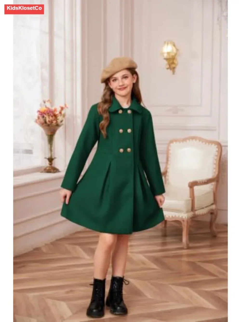 Girls Wool Peacoat Double-Breasted Coat with Notched Lapel & Pockets Sizes 6-14